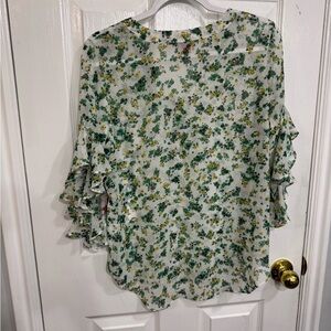 Vince Camuto White Floral Ruffle Sleeve Blouse with Green & Yellow Print